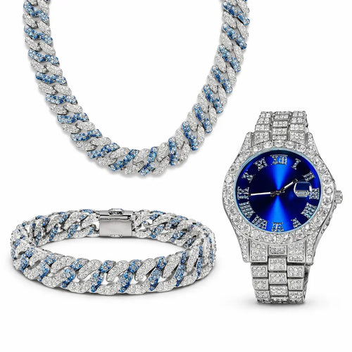 3-Piece Iced Blue Dial Watch Set – Cuban Link Chain & Bracelet Blaqduck Brand