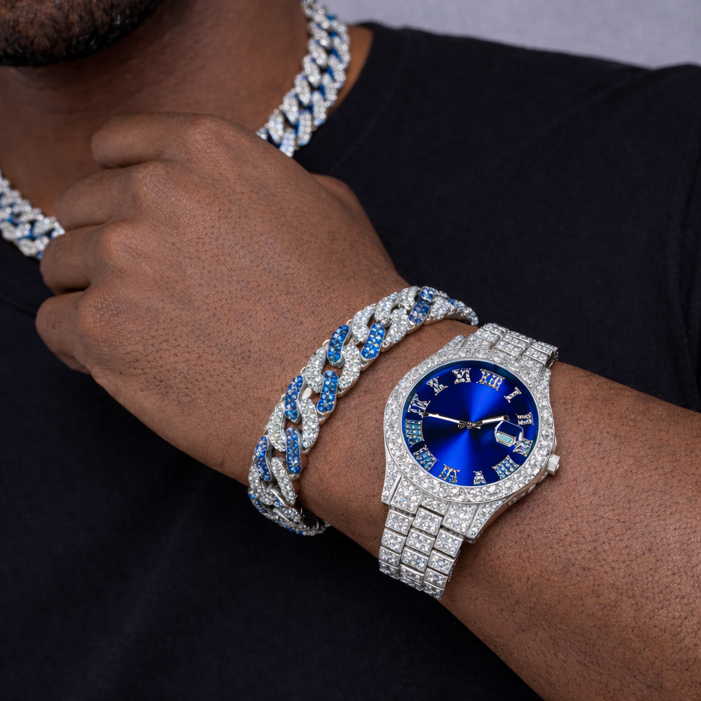 3-Piece Iced Blue Dial Watch Set – Cuban Link Chain & Bracelet Blaqduck Brand
