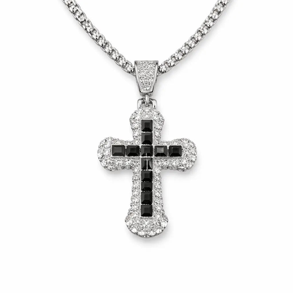 Iced Black Stone Cross Pendant Necklace – Silver Tone Blaqduck Brand