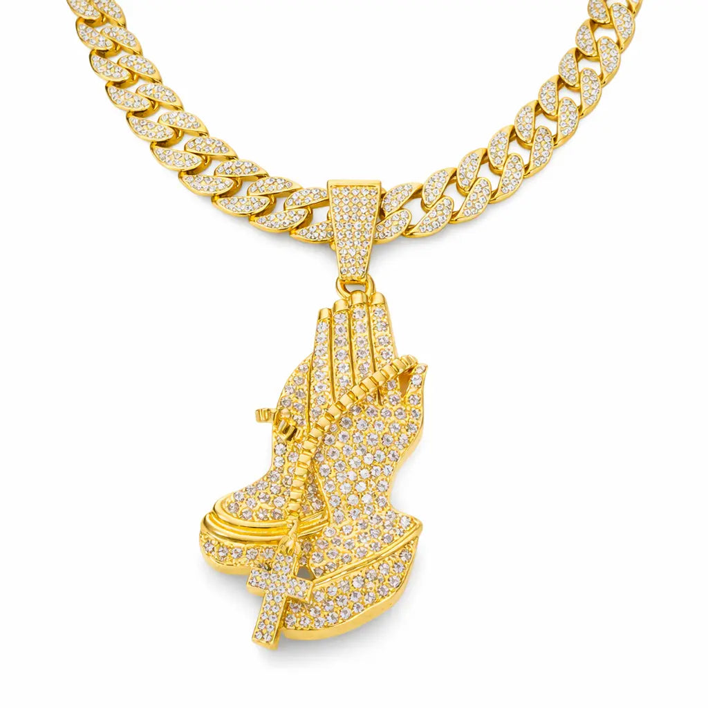 Iced Praying Hands Cuban Link Necklace – Gold Hip-Hop Chain Blaqduck Brand