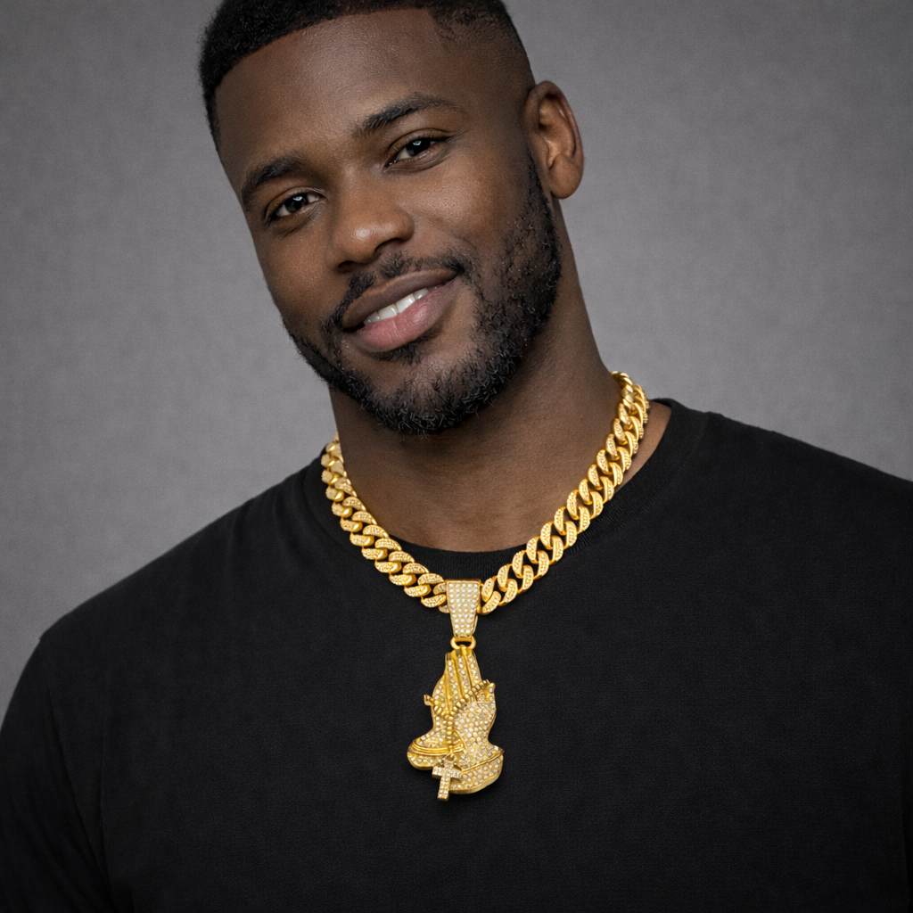 Iced Praying Hands Cuban Link Necklace – Gold Hip-Hop Chain Blaqduck Brand