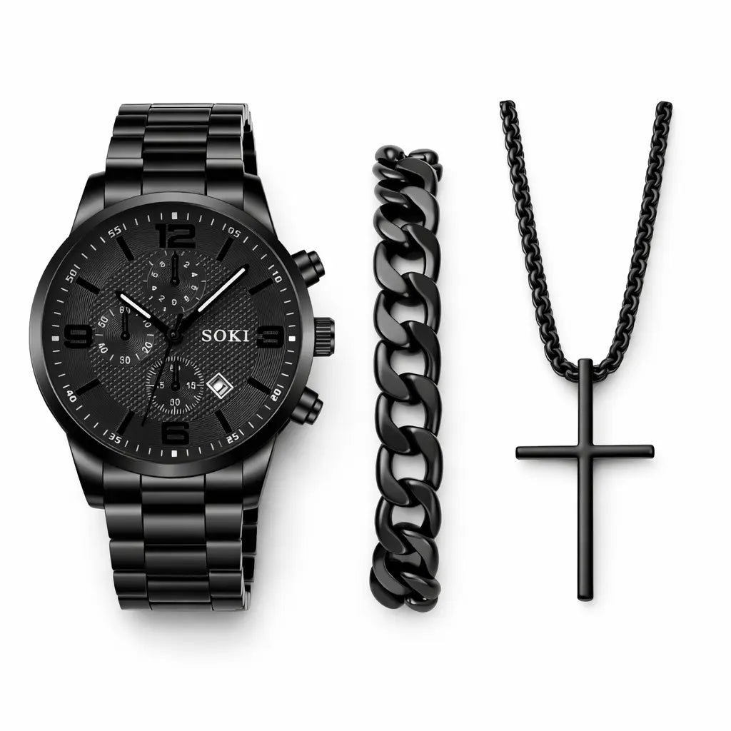 Men’s All-Black Quartz Watch & Cross Necklace Set (3-Piece) Blaqduck Brand