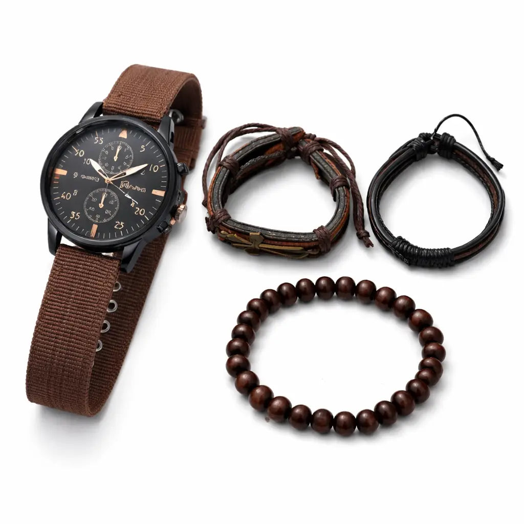 Men’s Classic Brown Watch & Bracelet Set (4-Piece Gift Combo) Blaqduck Brand