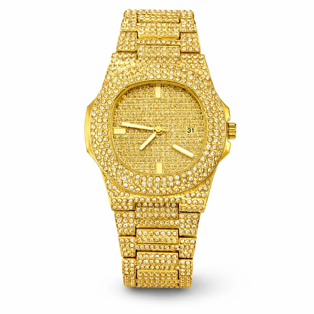 Men’s Iced Rhinestone Quartz Watch – Gold Luxury Edition Blaqduck Brand