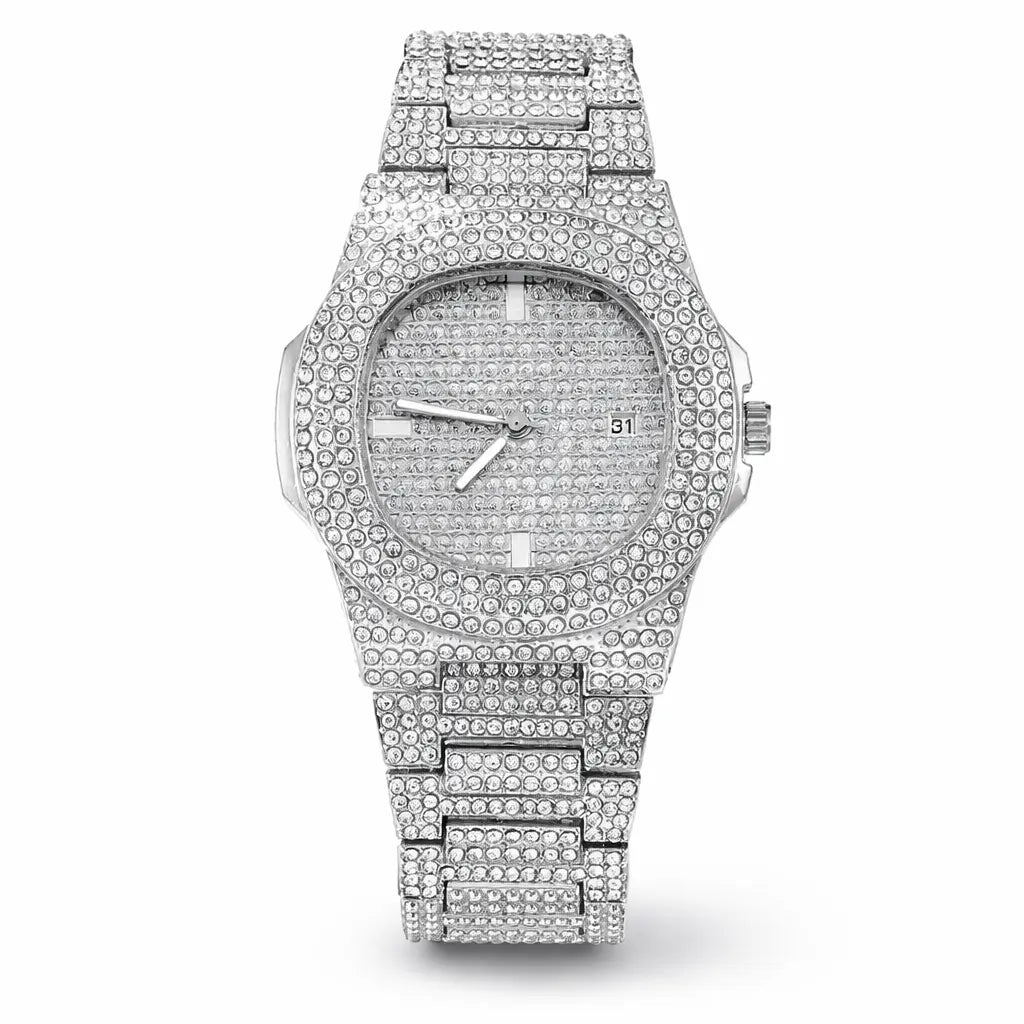Men’s Iced Rhinestone Quartz Watch – Silver Luxury Edition Blaqduck Brand