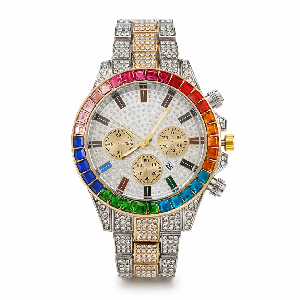 Men’s Rainbow Bezel Iced Quartz Watch – Luxury Multicolor Edition Blaqduck Brand