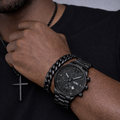 Men’s All-Black Quartz Watch & Cross Necklace Set (3-Piece) Blaqduck Brand