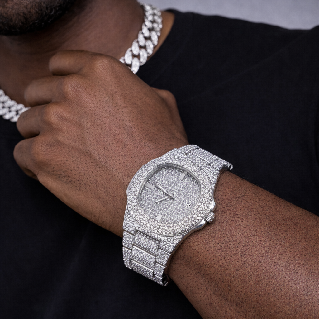 Men’s Iced Rhinestone Quartz Watch – Silver Luxury Edition Blaqduck Brand