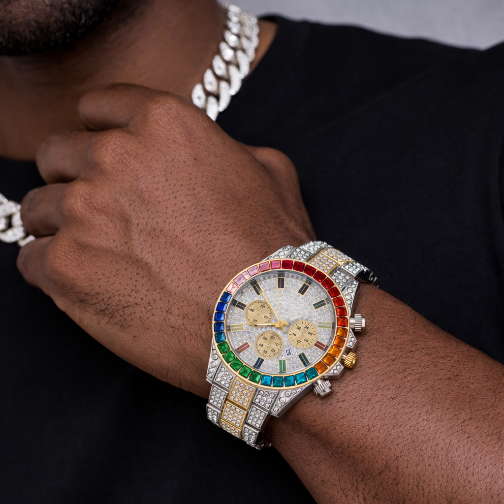 Men’s Rainbow Bezel Iced Quartz Watch – Luxury Multicolor Edition Blaqduck Brand
