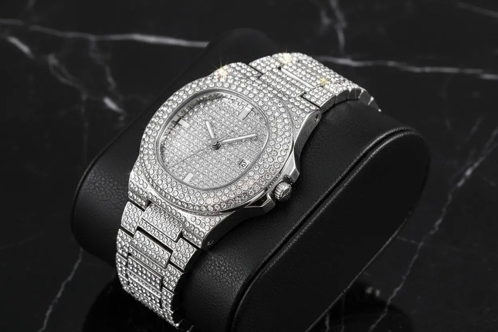 Men's Iced Rhinestone Quartz Watch in luxurious setting