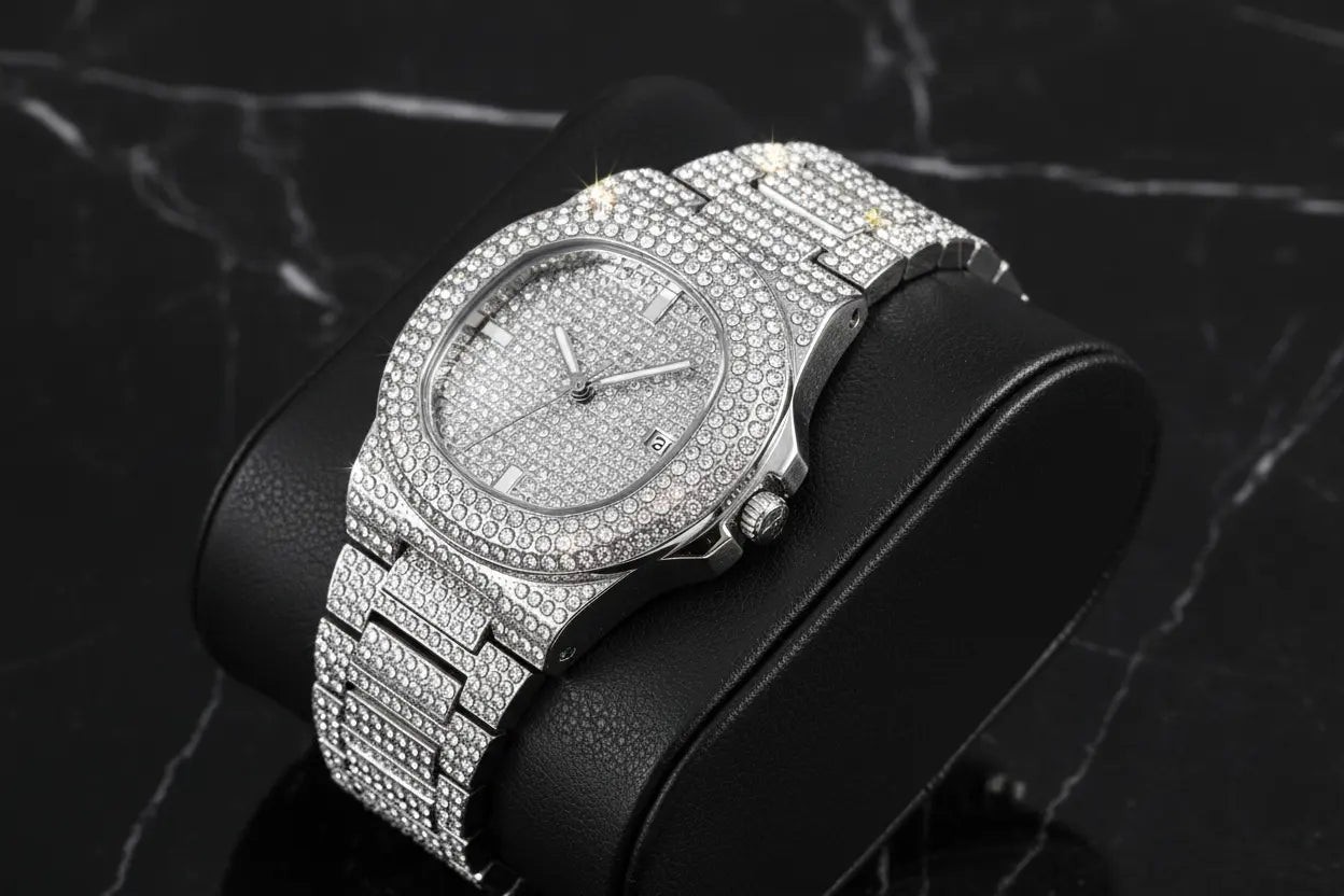 Men's Iced Rhinestone Quartz Watch in luxurious setting
